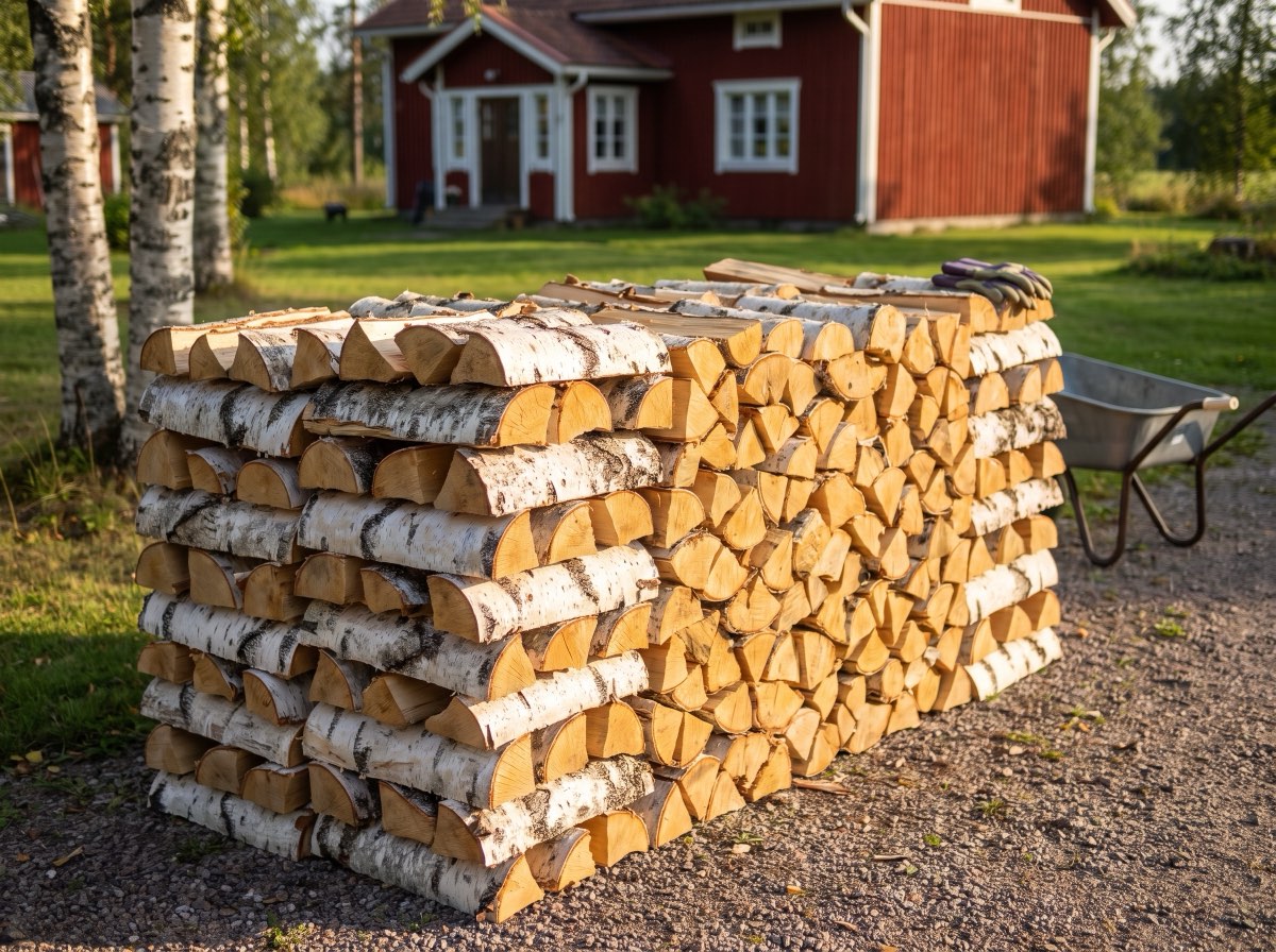Siististi pinotut koivuklapit pihalla puunkaadon jälkeen